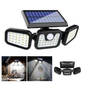 Solar-powered outdoor security lights with motion sensors and adjustable panels.