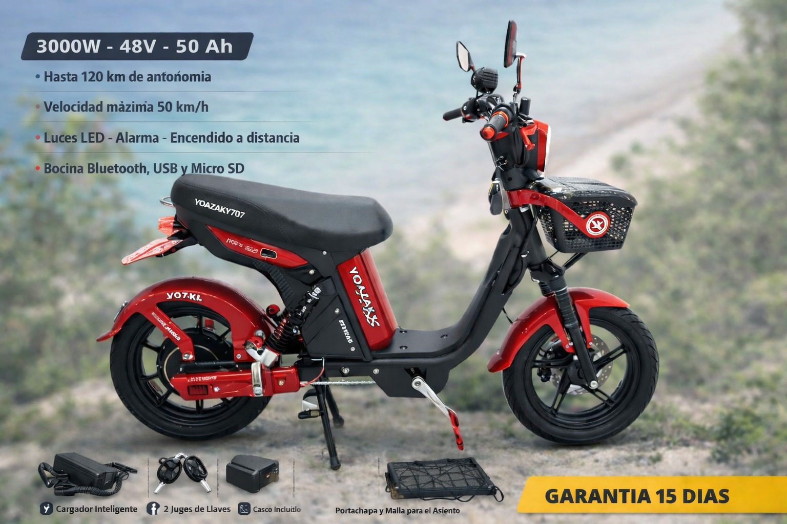 Electric bike with 50 Ah battery and 120 km range, designed for urban commuting.